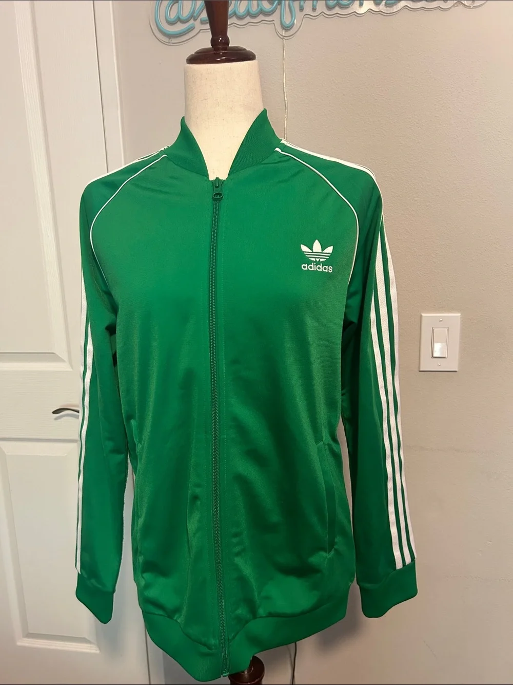 adidas Originals Green Bomber-Style Track Jacket with White Stripes